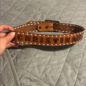 Vintage “CHRISTINA” name Tony Lama Brown Leather Belt with White Stitching